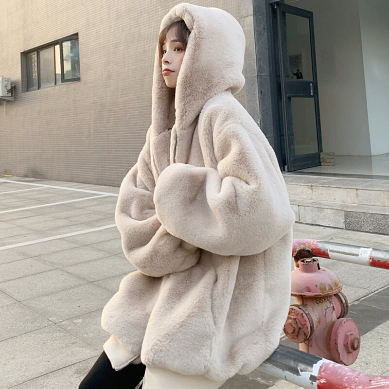 Manteau à capuche en fourrure de lapin pour femme, pardessus chaud, sweat-shirt étudiant, veste en peluche coréenne, nouveau, hiver, 2024