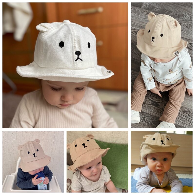 Sombrero de cubo con orejas de oso para bebé, gorro de Panamá para recién nacido, Color sólido, playa al aire libre, niño y niña