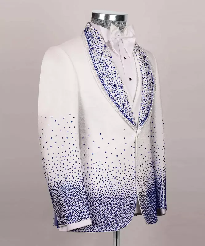 Masculino branco feito sob medida terno, noivo casamento smoking, casaco single breasted, jaqueta, calças, blazer, calças, cristais de luxo, 2 pcs conjunto