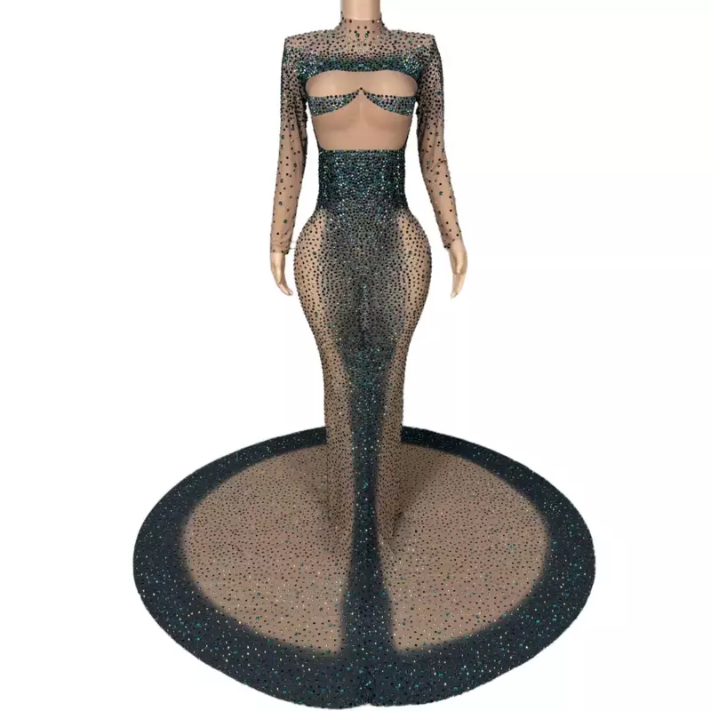 Danqing-Vestidos largos con piedras brillantes para mujer, traje Sexy de estilo sirena, cuello alto, malla transparente, color negro, 2024