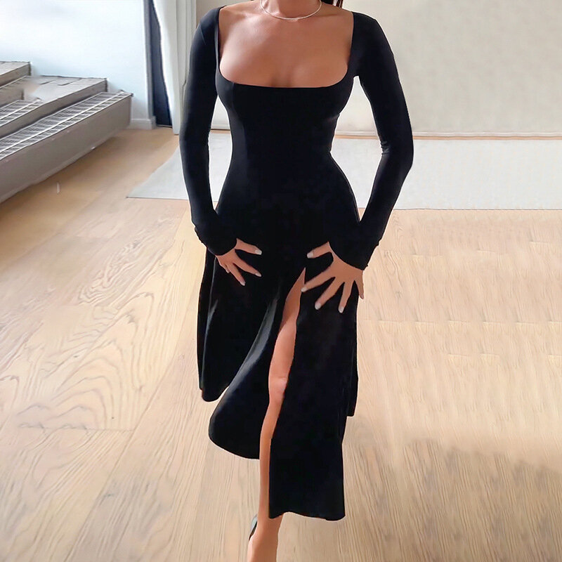 Falda ajustada de manga larga con cuello cuadrado para mujer, vestido básico de moda con dobladillo dividido, color negro, Primavera, 2024
