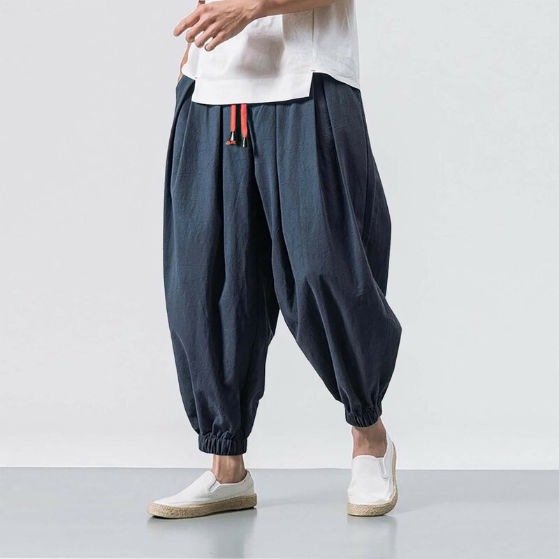 Pantalones de pierna ancha para hombre, Pantalón elástico con cordón, holgado e informal, de algodón y lino, Color sólido