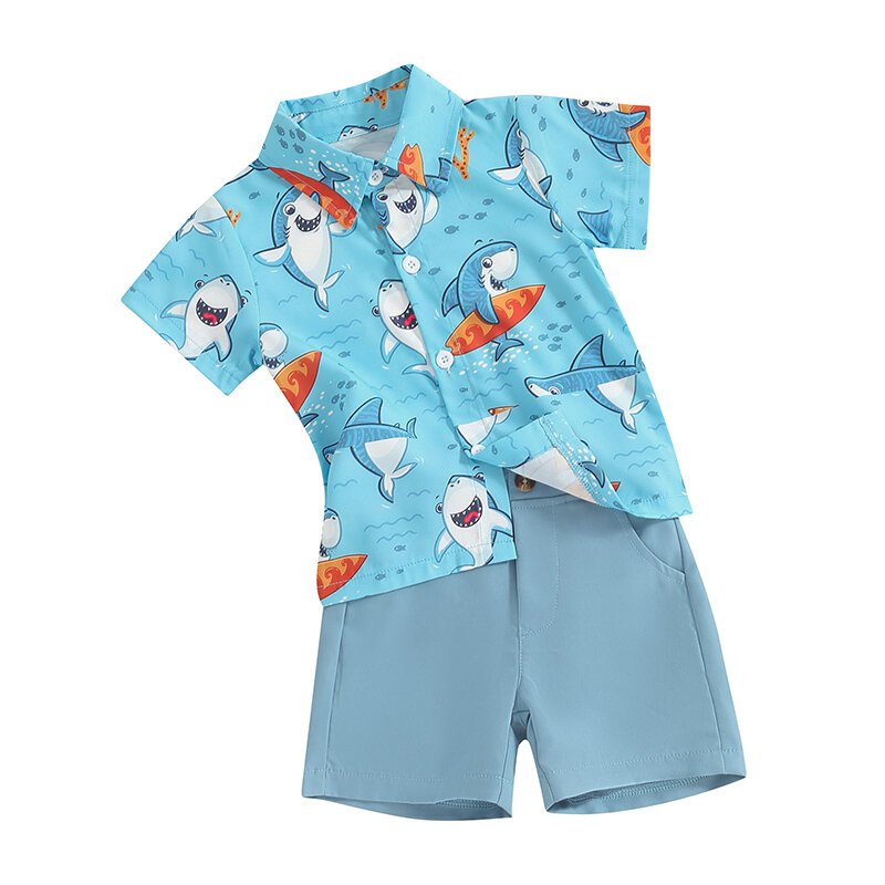 Małe dziecko chłopięce nadruk kreskówkowy koszula na guziki topy z krótkim rękawem wysokie do talii elastyczne szorty zestaw 2Pcs letnie ubrania
