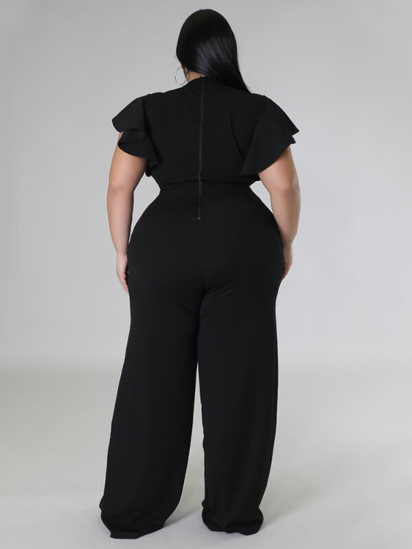 Plus tamanho macacões v pescoço curto babados cintura alta preto branco pacote hip perna larga macacão calças 4xl uma peça outfit