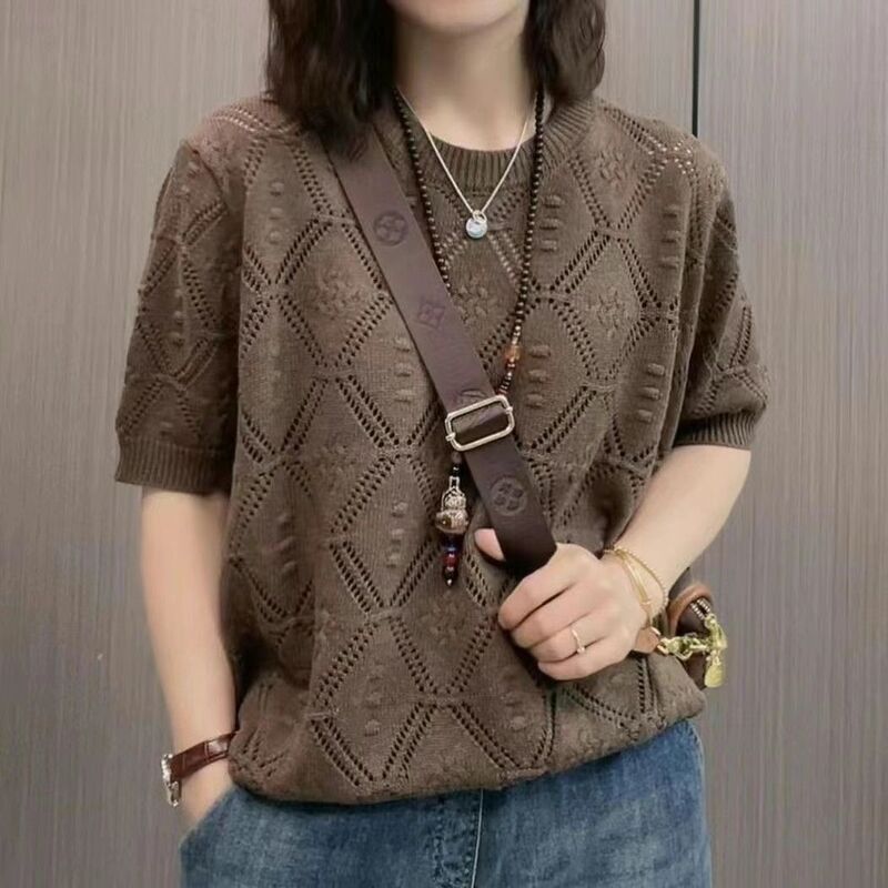 Z wycięciami żakardowe damskie dzianinowe swetry koreańska odzież letnie nowe swetry luźna moda casualowe topy z krótkim rękawem