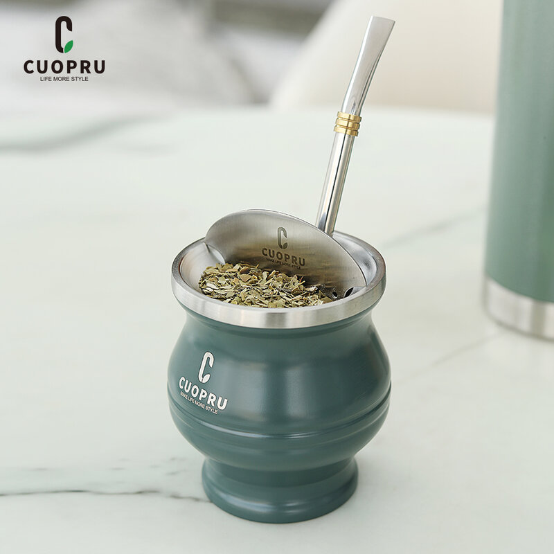 Yerba Mate Gourd Set Includes Double Walled Stainless Steel Tea Cup One Bombilla Mate (Straw), Cleaning Bruch, Tea Separator