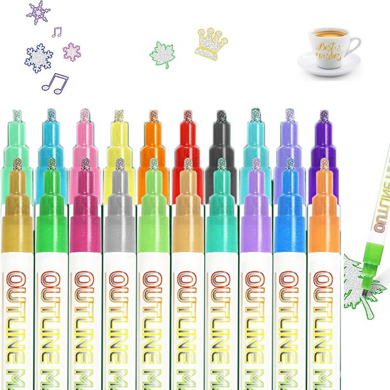 Metallic Outline Paint Markers, 20 Colors Shimmer Outline Markers Pens, Signature Metallic Outline Paint Markers Durable