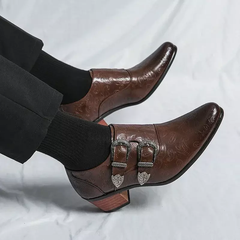 Zapatos de tacón alto para hombre, mocasines informales de cuero con correa de monje, sin cordones, combinan con todo