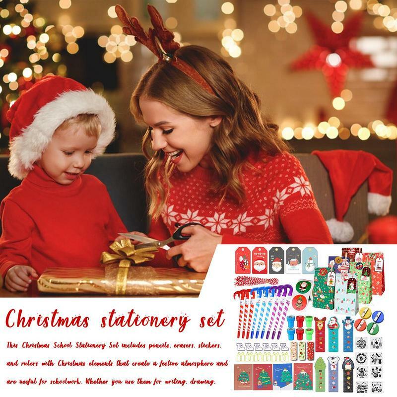 Lápis Natal Erasers Set, papelaria Student, Gift Box Set, atmosfera festiva, coleção de papelaria para jardim de infância