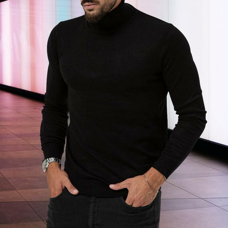 Elegante suéter de malha de gola alta masculino, pulôver espesso, ajuste fino, elástico, comprimento médio, top para proteção casual, inverno