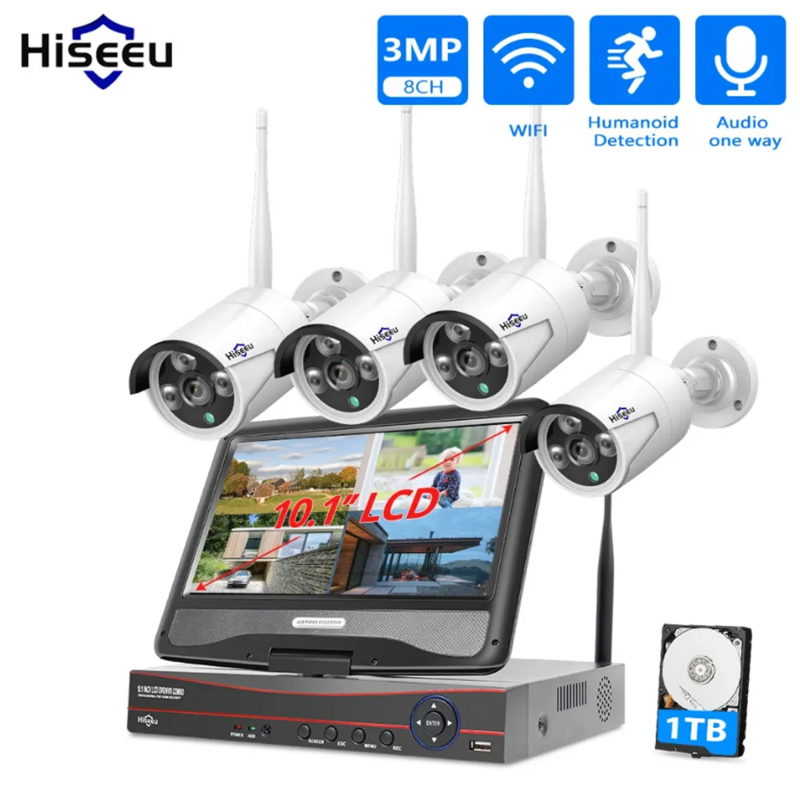 Hiseeu 무선 보안 카메라 키트, 야외 방수 IP 카메라 감시 CCTV 시스템 세트, 10.1 인치 모니터 NVR, 8CH, 3MP