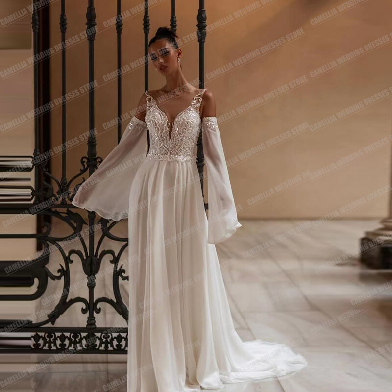 Изысканные элегантные свадебные платья в стиле бохо для женщин кружевные платья с аппликацией и глубоким V-образным вырезом со шлейфом вечерние платья для невесты безрукавные платья