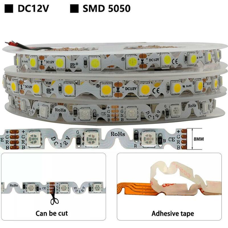 5M 5050แถบไฟ LED 60LEDs/M S รูปร่างฟรีดัด LED สีขาวเย็นอบอุ่นสีขาว RGB DC12V 24V IP20กันน้ำช่องสัญญาณ