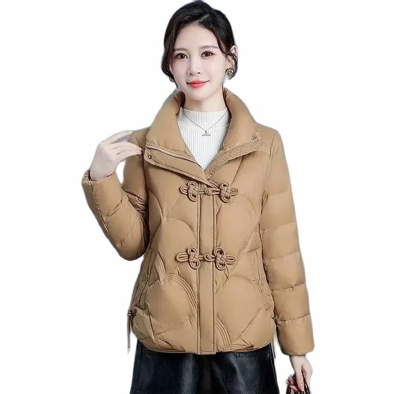 Jaqueta de algodão curto para mulheres, casaco solto com gola alta, outwear monocromático, sobretudo grosso com bolso, moda feminina, inverno, novo