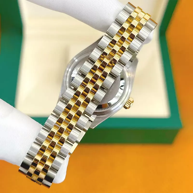 Jam tangan Stainless Steel wanita, arloji mekanik otomatis tambal sulam dua warna olahraga kalender berlian