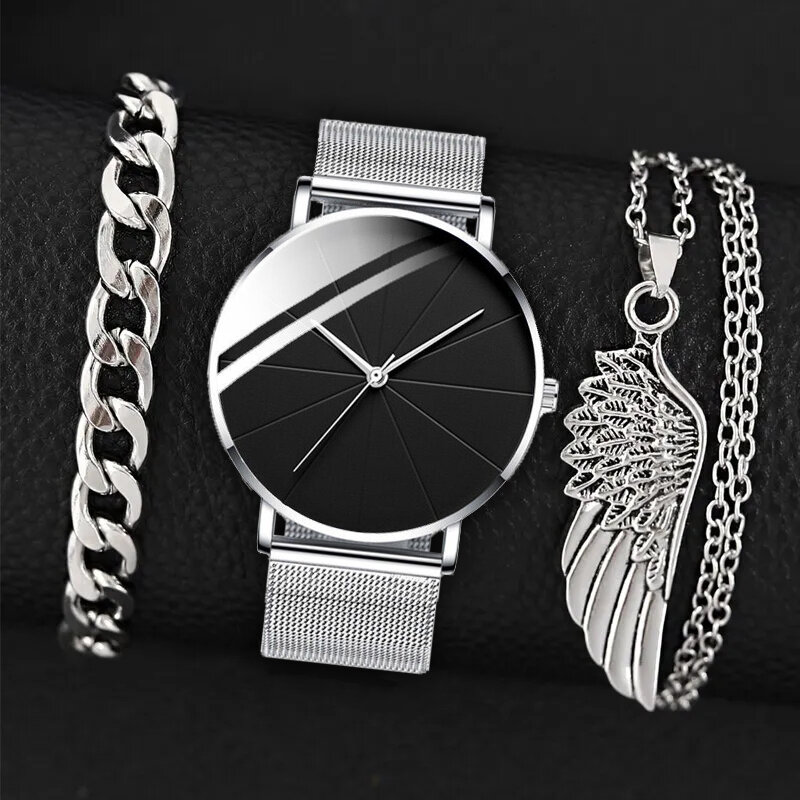 3PCS Set Fashion Mens Simple Watches Men Business Bracelet Wings Necklace Ultra Thin Stainless Steel Mesh Belt Quartz Watch