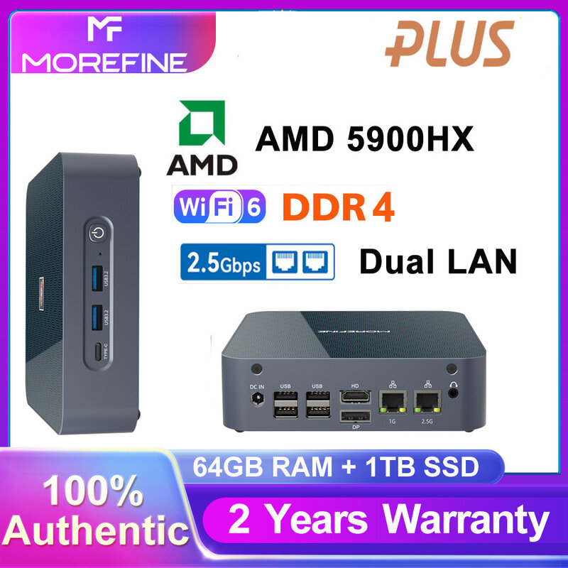 MOREFINE-Mini PC S500 + AMD R9 5900HX 5625U WIFI6 2x3200MHz DDR4 2 x M.2 NVMe SSD 2,5G LAN, ordenador de escritorio para juegos, pantalla HD 3x4K