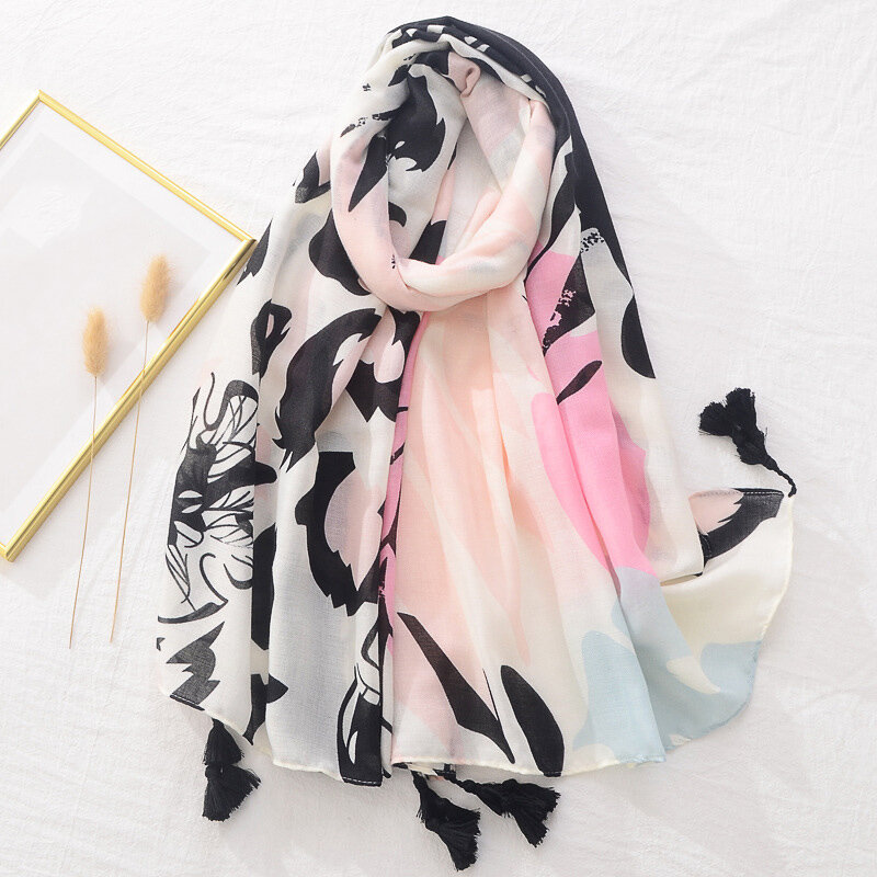 Vlinder Print Zwarte Sjaal Voor Moslim Vrouwen Hijaabs 180Cm Lange Kwast Sjaal Wraps Luxe Kwaliteit Hoofd Sjaal Vrouwelijke Zachte sjaals