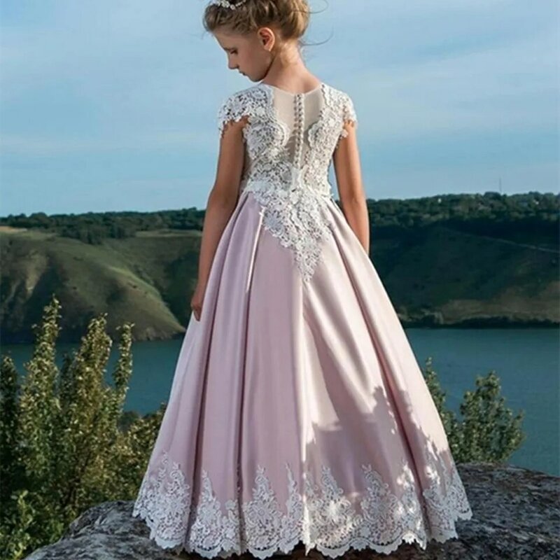 핑크 꽃 소녀 드레스, 제초 레이스 아플리케, 짧은 소매 파티 드레스, 바닥 길이 미인 대회 첫 성찬식 드레스