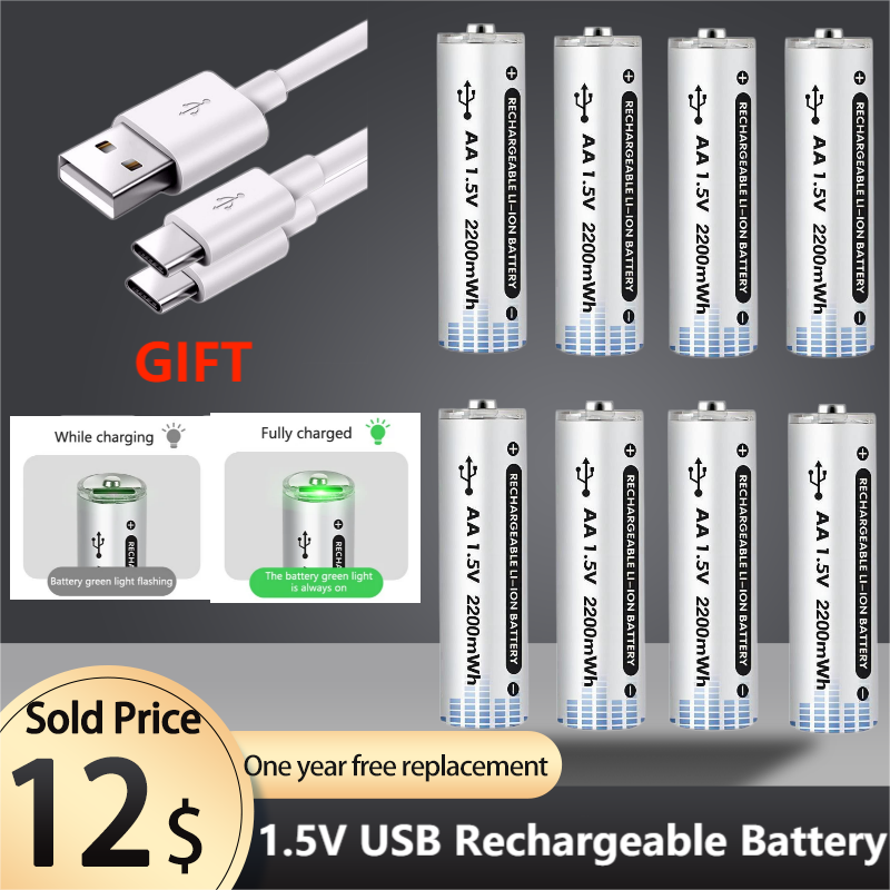 Baterai AA dapat diisi ulang 2200mWh USB 1.5V baterai Li-ion isi ulang untuk Mouse pengendali jarak jauh baterai mainan elektrik kipas kecil
