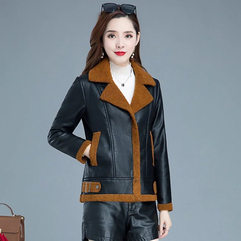 Jaqueta de couro grosso de veludo feminino, casaco coreano de pele PU, jaqueta curta imitação de cordeiro, lã mãe, novo, outono, inverno, 2022
