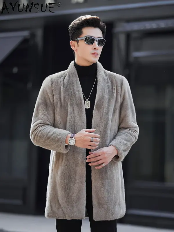 AYUNSUE Real Mink Fur Coats Men's Winter Jackets 2023 High-end Natural Fur Coat V-neck Mink Jacket Mid-length Outwear Jaqueta