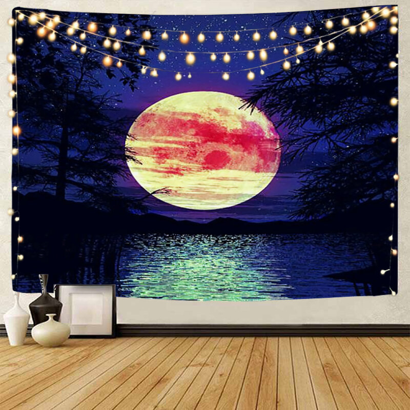 Beautiful Moon, Starry Sky Scenery, Moon, White Clouds, Starry Sky, Night Scenery, Moonlight Scenery, Decorative tapestry