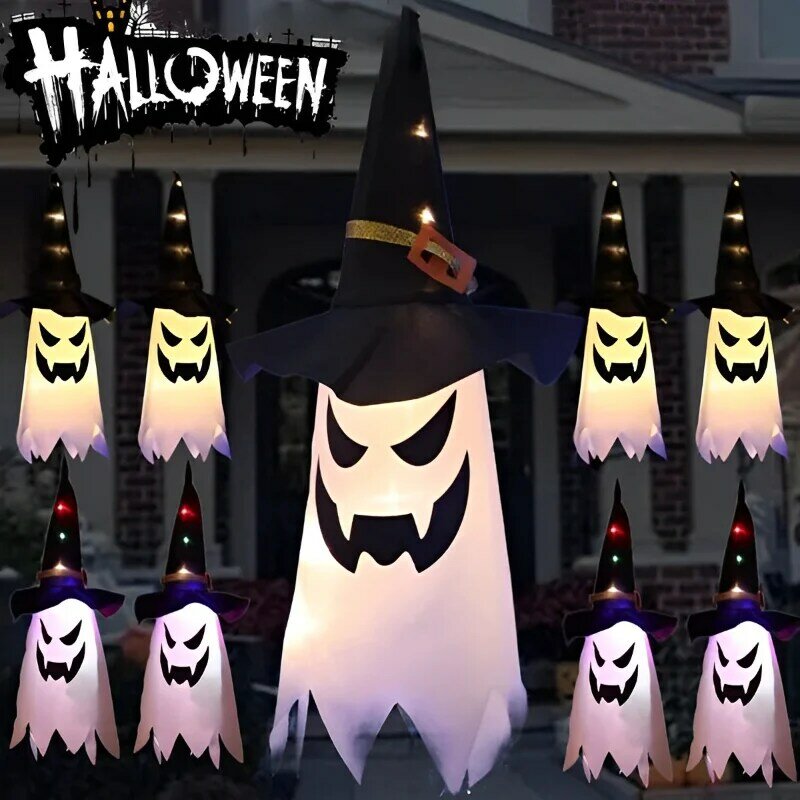 Sombrero de bruja brillante para Halloween, luces LED colgantes, accesorios decorativos de fantasma, luces temáticas de Halloween, decoraciones colgantes al aire libre