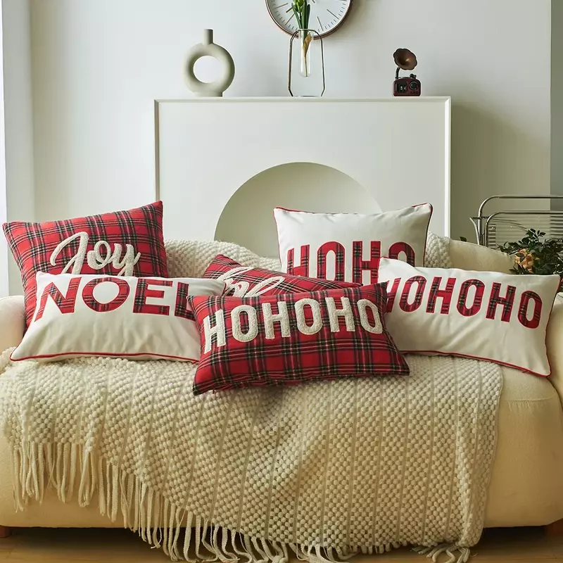 2023 New Christmas Decoration Cushion Cover Plaid Print Letter Embroidery Pillow Case Christmas Decorative Pillows for Sofa