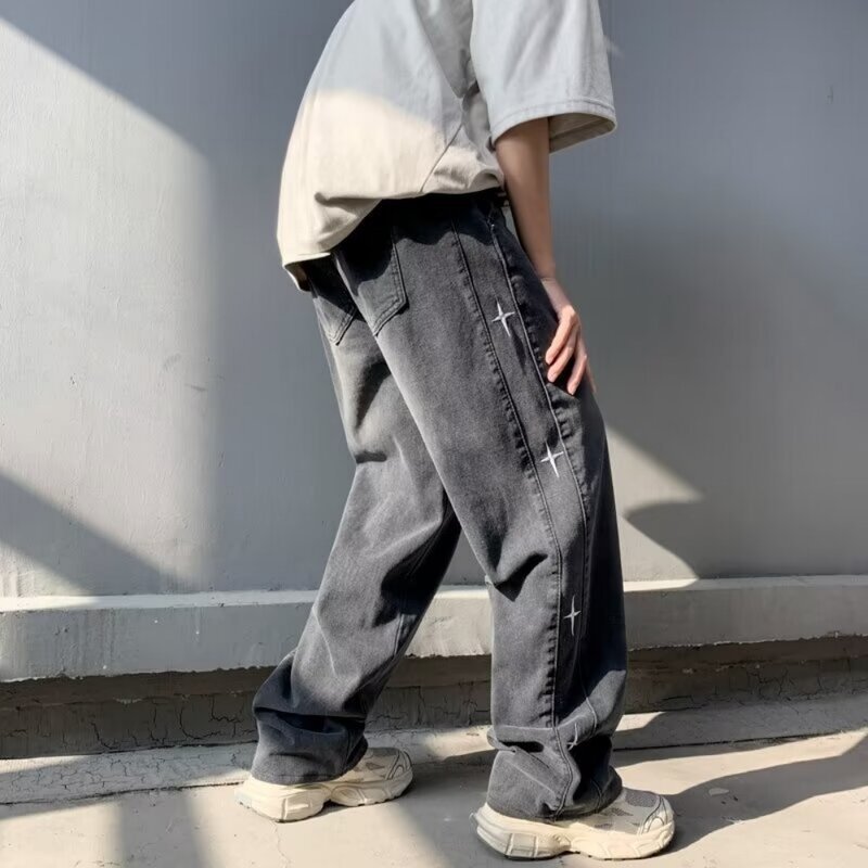 Celana jins gaya Jepang pria, bawahan Denim kaki lebar warna lurus elastis cuci air klasik untuk lelaki