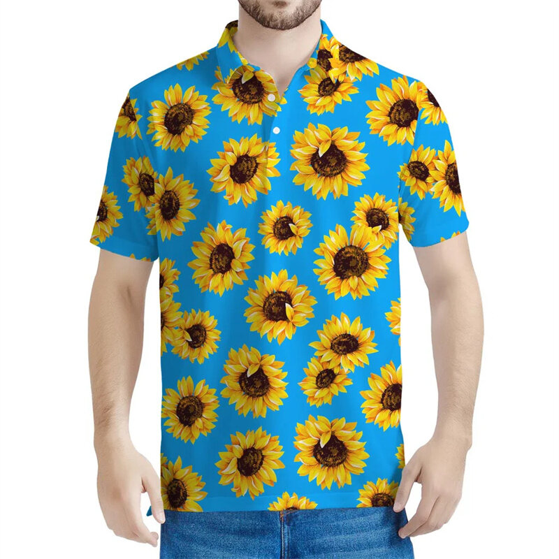 Camisa polo gráfico girassol colorido para homens e mulheres, lapela floral impressa em 3D, mangas curtas, camiseta rua verão, camiseta com botão
