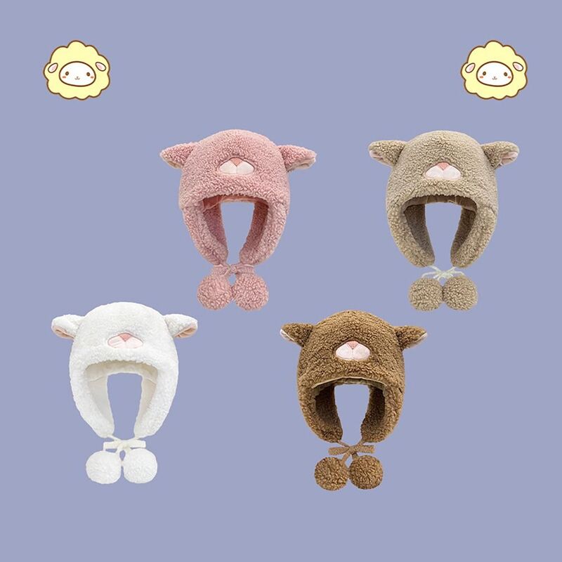 with 2 Plush Balls Hat Scarf Set 2023 New Brimless Cute Sheep Warm Scarf Ear Protection Hat Women Girls