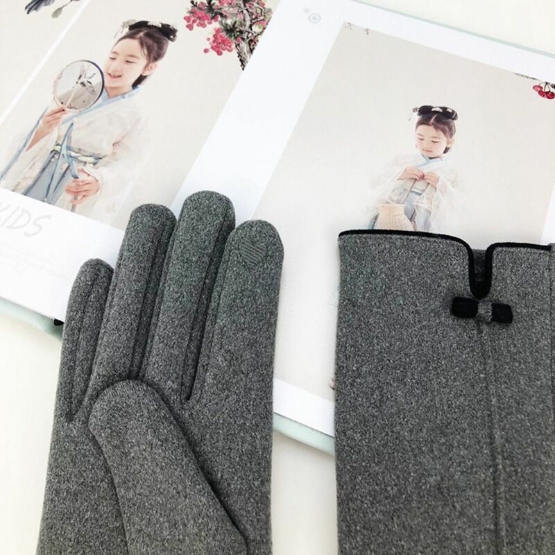Guantes de invierno para mujer, manoplas de lana con lazo, de terciopelo, de dedo completo, de felpa, con pantalla táctil