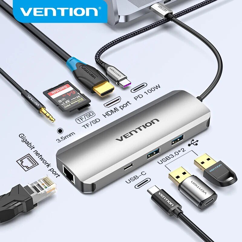 فينتيون موزع USB C ووحدة تثبيت USB 3.0سبليتر 3.1 USB C إلى HDMI 4K VGA PD RJ45، 3.5 مم، إكسسوارات ماك بوك برو