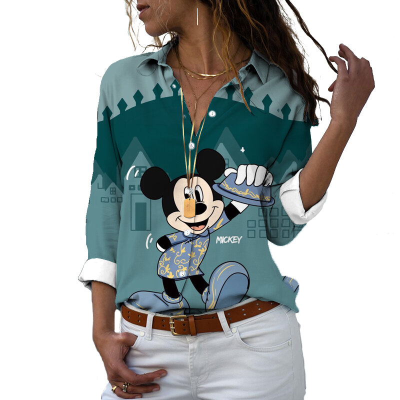 2022ฤดูใบไม้ร่วงผู้หญิง V คอแขนยาวเรียบง่ายลำลอง Patchwork เสื้อฤดูใบไม้ผลิฤดูใบไม้ร่วงผู้หญิง Disney Minnie เมาส์เสื้อ