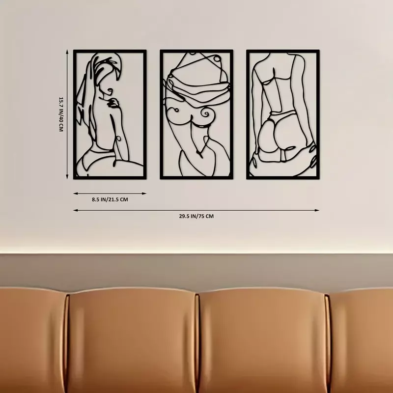 Modern Minimalista Metal Wall Decor, Linha abstrata arte, Desenho Linha, Arte Forma Mulher, Decoração Impressão, Artesanato, 3pcs