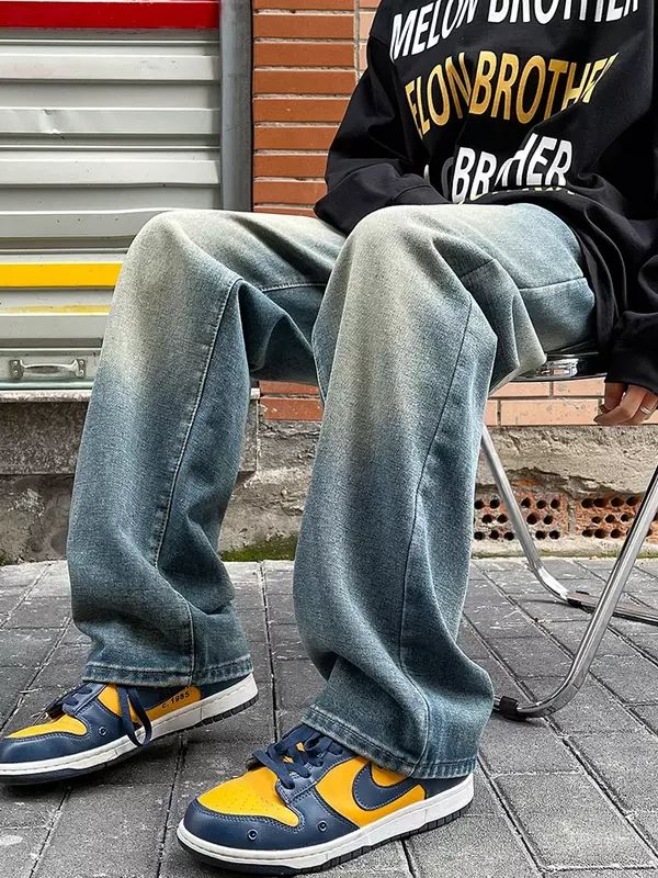 2024 Nieuwe High Street Heren Casual Straight Jeans Koreaanse Fashion Banding Taille Vintage Blauwe Wijde Pijpen Denim Broek