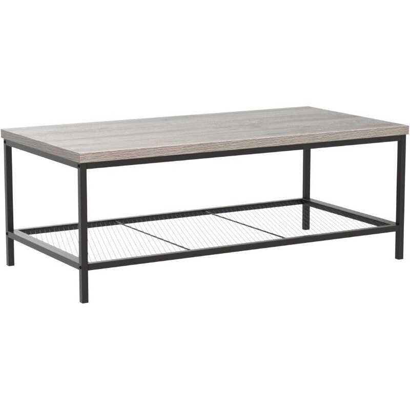 44in Modern Coffee Table, Large 2-Tier Industrial Rectangular Wood Grain Top Coffee Table, Accent Furniture