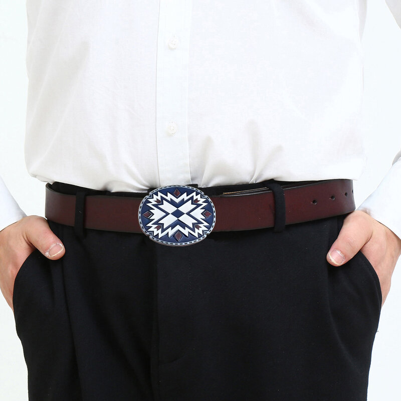 Fibbia per cintura Totem ovale Western Cowboys per uomo moda blu bianco Design geometrico di marca Hebilla Cinturon Hombre Dropshipping