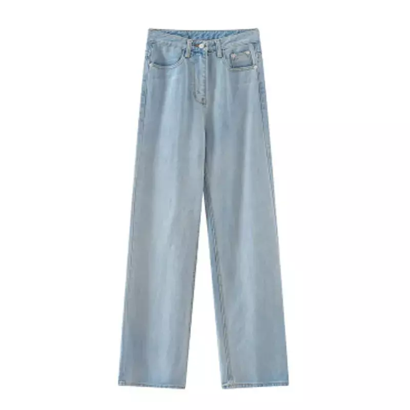 Modny, wytarty lekkie niebieskie spodnie proste spodnie z koreańskie, szerokie nogawkami z wysokim stanem i spodnie typu Casual workowate dżinsy odzież damska