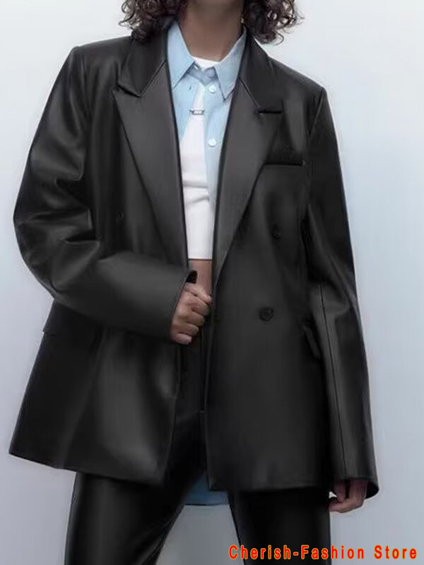 Mantel Blazer kulit imitasi kancing depan wanita, jaket Luaran Vintage Lengan Panjang penutup bersaku untuk wanita
