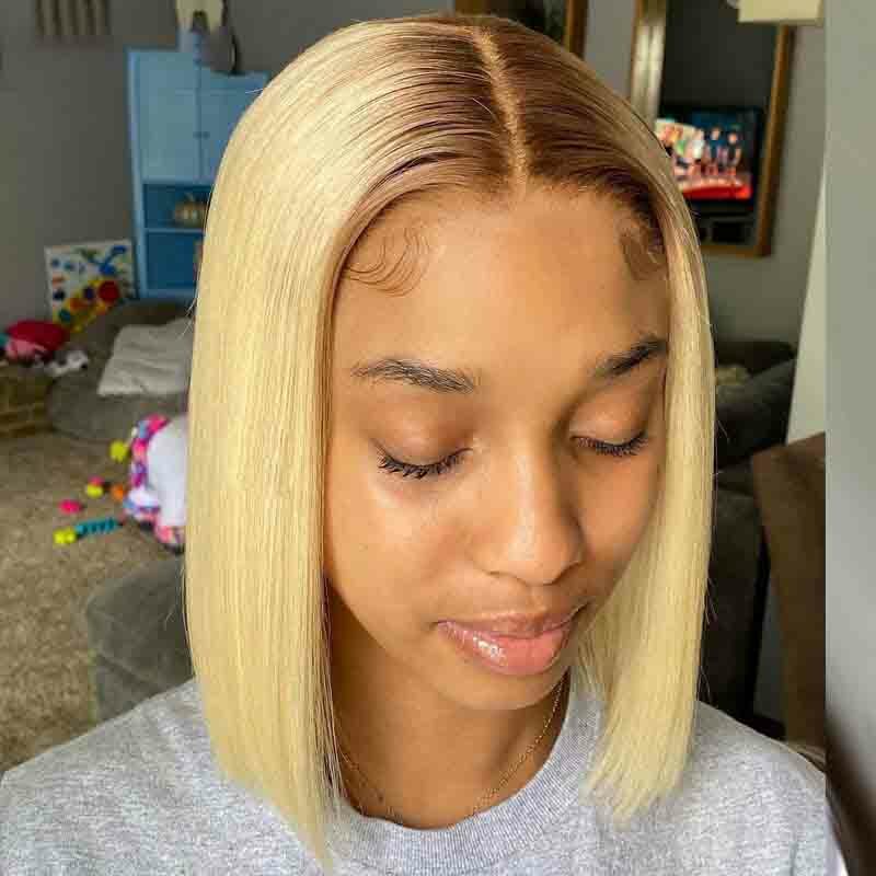 Short Bob Glueless 180Density Ombre Blonde 613 Straight Lace Front Wig For Black Women Babyhair Preplucked Heat Resistant Daily