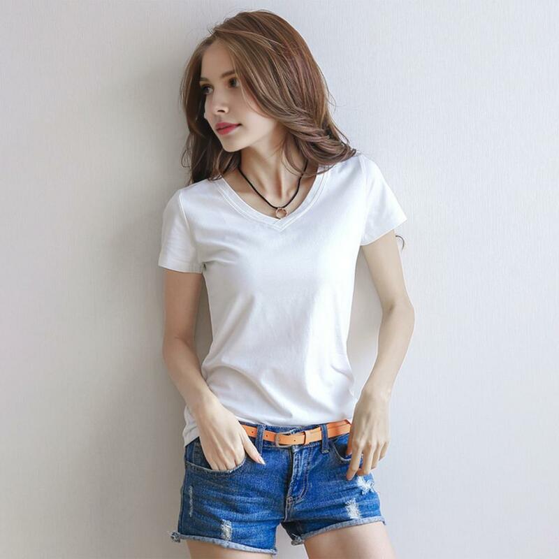 Breathable Women T-shirt Women T-shirt Stylish Women's V-neck Summer T-shirt Slim Fit Solid Color Pullover Tops for Streetwear