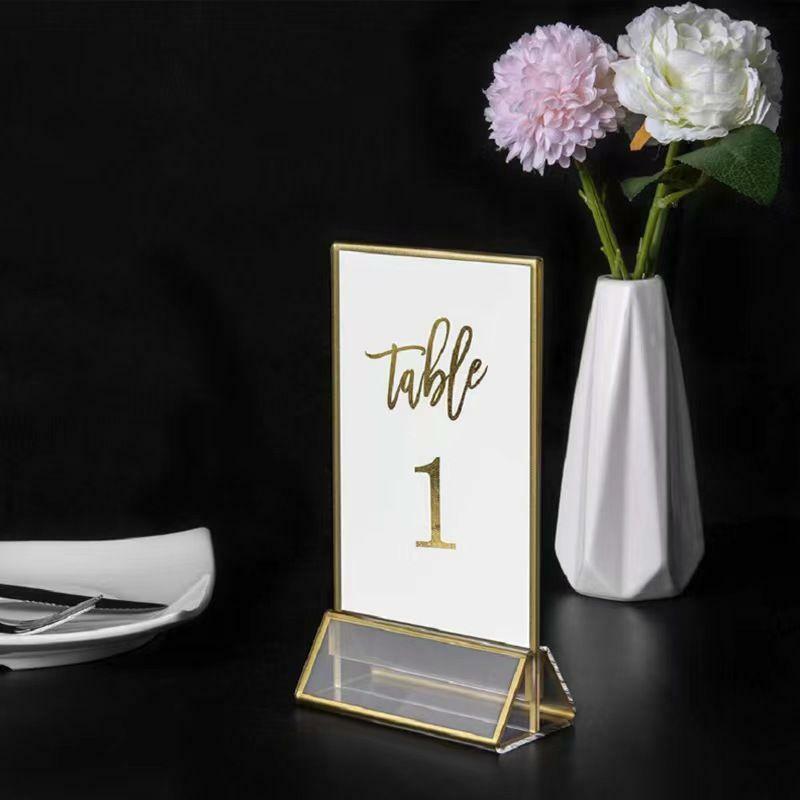 Soporte de exhibición de acrílico transparente para mesa, soporte de tarjeta de letrero con marco dorado, soportes de papel para menú, 4x6 pulgadas, 1 unidad
