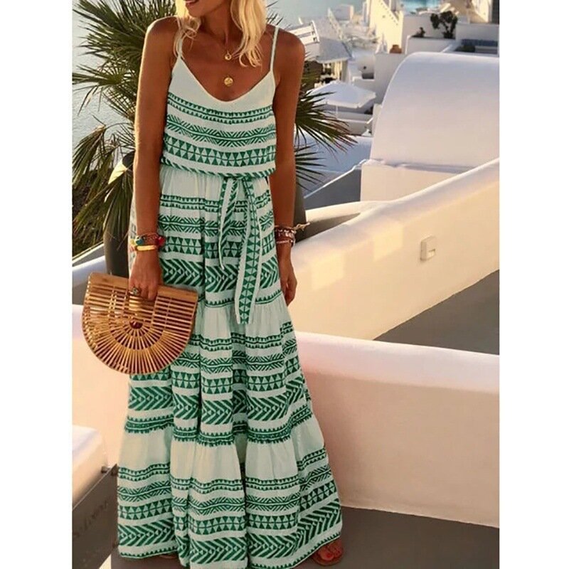 Falda de estilo bohemio con cuello en V profundo para mujer, falda estampada con tirantes para vacaciones en la playa con dobladillo grande, 2024