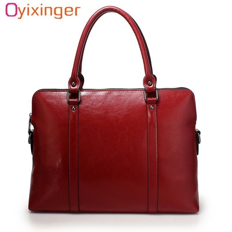 Oyixinger novo 100% maleta de couro genuíno para a mulher 14 polegada bolsa para portátil bolsas das senhoras do escritório ombro mensageiro sacos