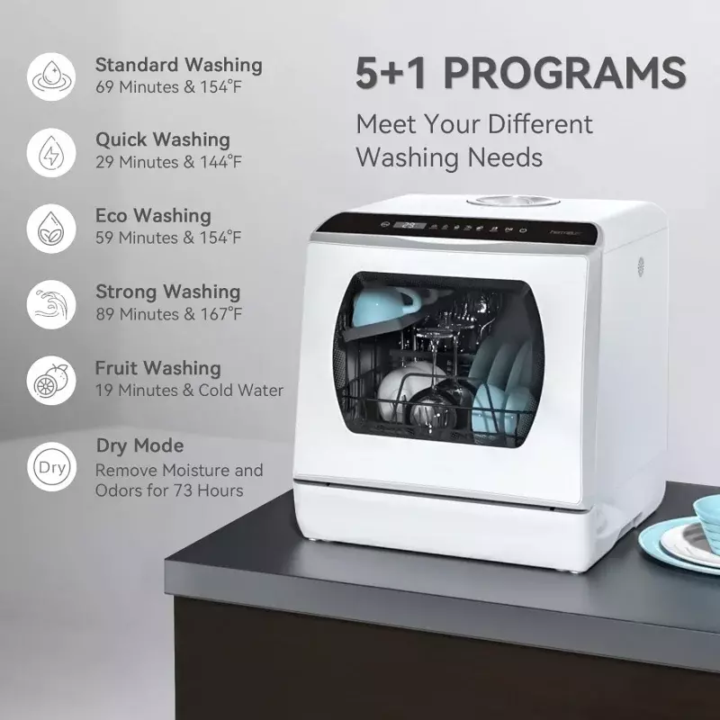 Hermitlux meja mesin cuci piring, 5 program cuci piring portabel dengan tangki air bawaan 5 Liter untuk pintu kaca