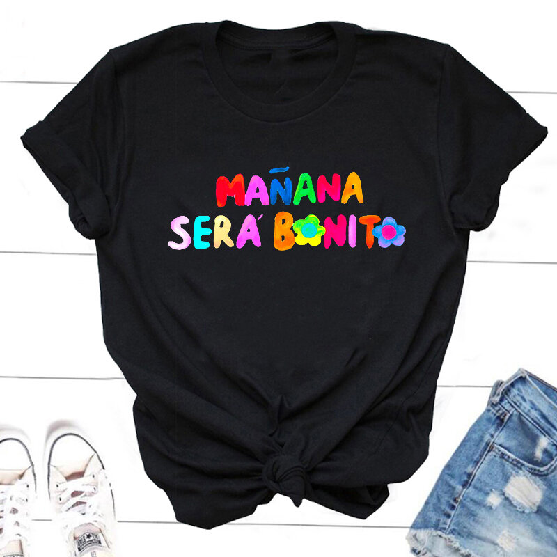 Unisex Casual Manga Curta T-shirt, Manana Sera Bonito, KarolG Bichota Merch, Camiseta De Algodão Preto, Streetwear