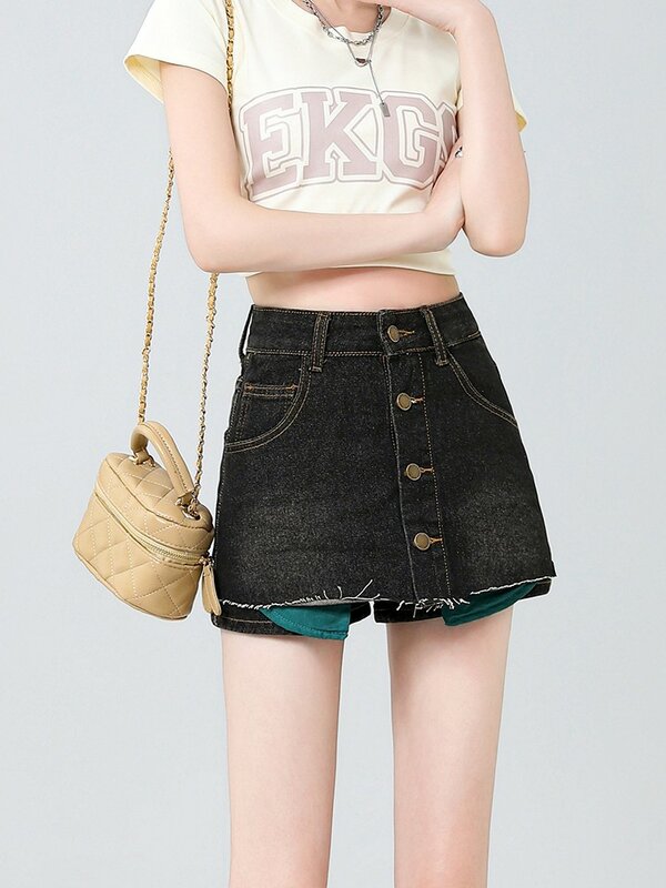 ZHISILAO New Black Mini Skirt Women Vintage A-line High Waist Denim Skirt Summer 2024