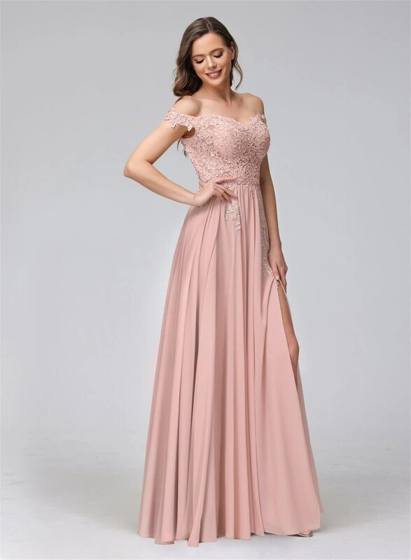 Off-the-Shoulder Appliqued Chiffon Evening Dress A-Line Sleeveless V-neck Backless High Slit Pleated Lace Appliques Ball Gowns